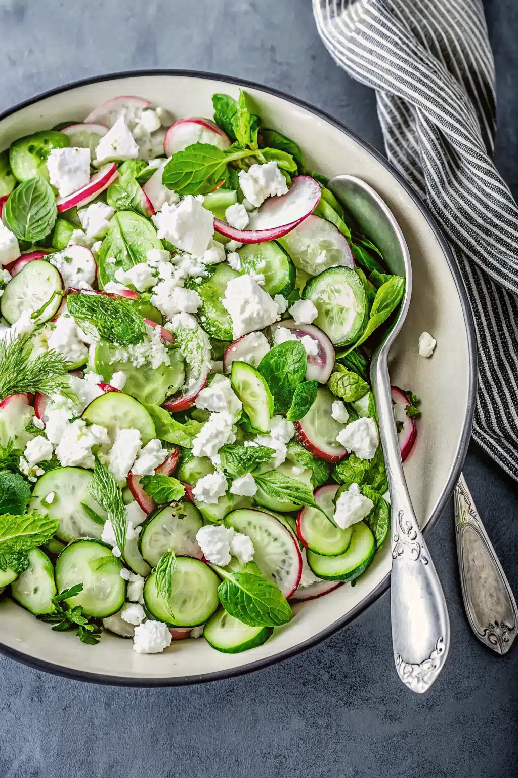 Fresh cucumber radish salad with goat cheese